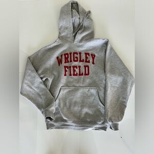 Unisex gray Wrigley Field sweatshirt with red appliquéd lettering